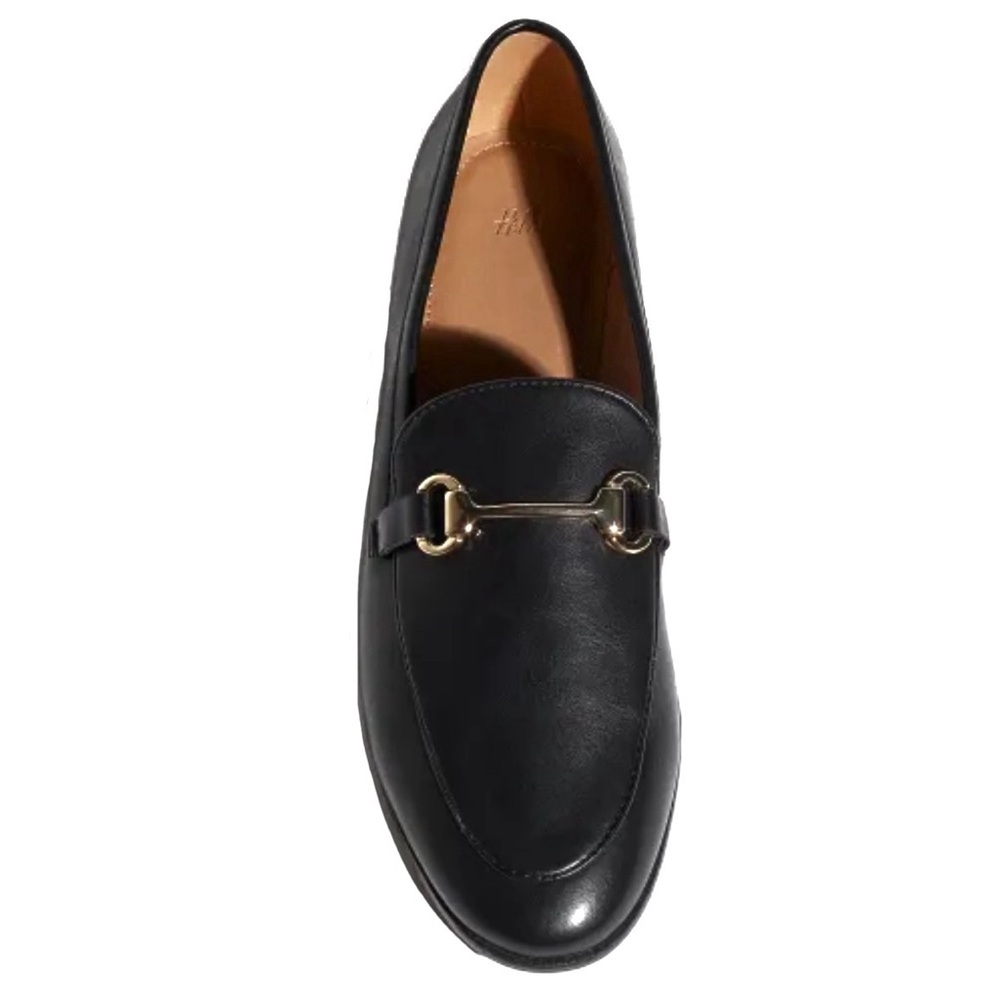 H&M Black Faux Leather Loafers with Gold Snaffle Detail Accent